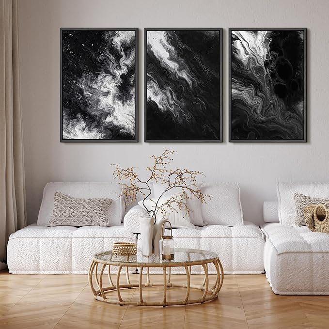 SIGNFORD Framed Wall Art Print Set Black and White Marble Abstract Modern Fluid Digital Art Modern Art Contemporary for Living Room, Bedroom, Office - 24"x36"x3 Black