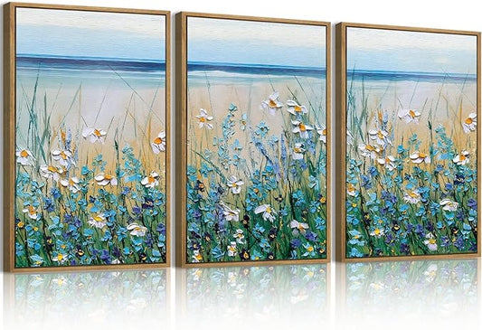 BINCUE Extra Large Blue Flowers Wall Art Framed,Watercolor Wildflowers Artwork,Blue Florals Canvas Wall Art,Flower Sea Artwork Landscape,Blossom Seaside Painting Daisy for Living Room Bedroom 16x24‘’