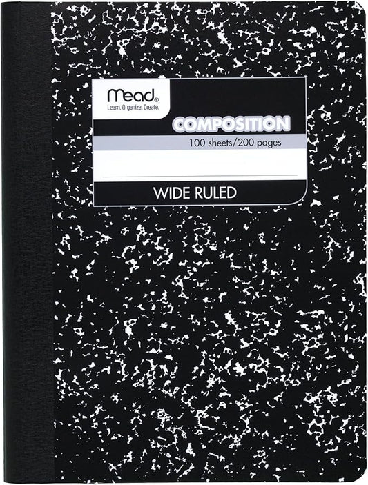 Mead Composition Notebook, Wide Ruled Paper, 7-1/2" x 9-3/4", 100 Sheets, Black Marble (09910)