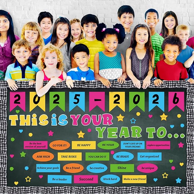 81 Pcs This is Your Year Bulletin Board Set Classroom Bulletin Board Decor Back to School Inspirational Cutouts with White Black Burlap Border for School Office Chalkboard Wall Decor