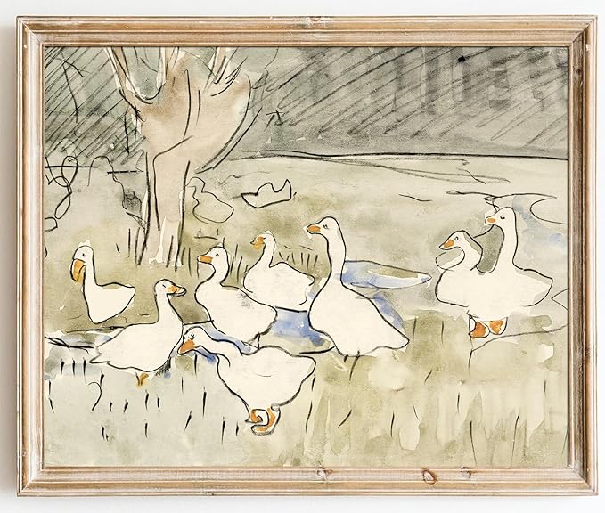 Kizbok Vintage Duck Wall Art Print - Neutral Rustic Watercolor Geese Canvas Oil Painting, Antique Animal Poster for Nursery Wall Decor, Kids Bedroom & Bathroom Decor (8" x 10" - UNFRAMED)