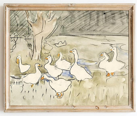 Kizbok Vintage Duck Wall Art Print - Neutral Rustic Watercolor Geese Canvas Oil Painting, Antique Animal Poster for Nursery Wall Decor, Kids Bedroom & Bathroom Decor (8" x 10" - UNFRAMED)