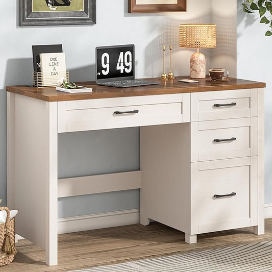 Farmhouse 47" Executive Desk, Computer Desk with File Drawer and Charging Station, Workstation for Study, Home Office, Unique White.