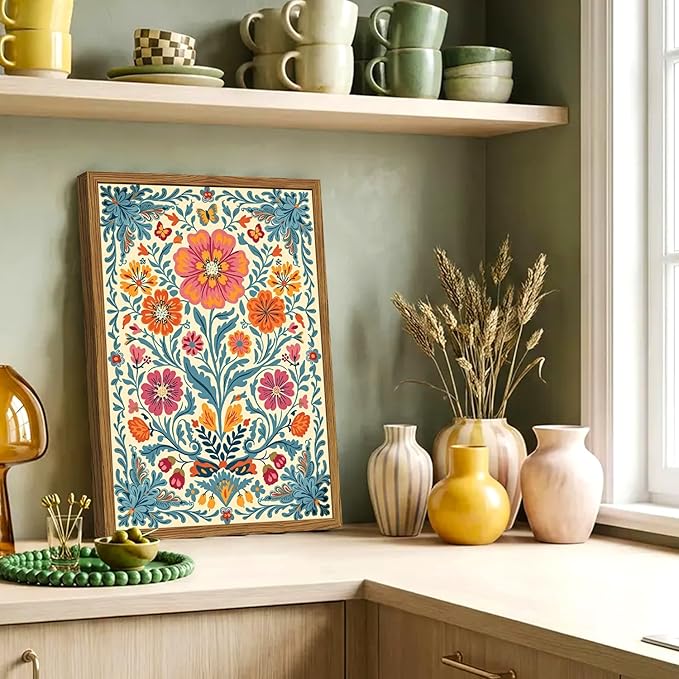 Framed Vintage Mexican Floral Canvas Wall Art, Colorful Folk Flower Wall Decor Pictures, Boho Botanical Painting Prints Rustic Home Decor for Living Room Bedroom 12x16 inch