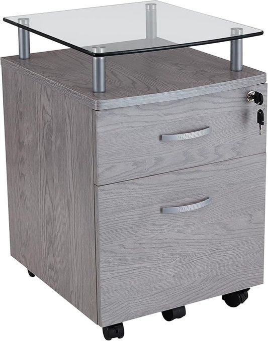 2-Drawer Rolling File Cabinet with Lock and Glass Top, Under Desk File Cabinet with Wheels, Printer Stand, Grey