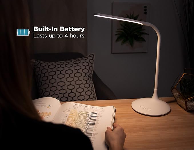 PureOptics LED VLED1819-BD Battery LED Desk Lamp, Dimmable with Adjustable Color Temperature, 4 Hour Battery Life, Rechargeable, Eco Friendly, White