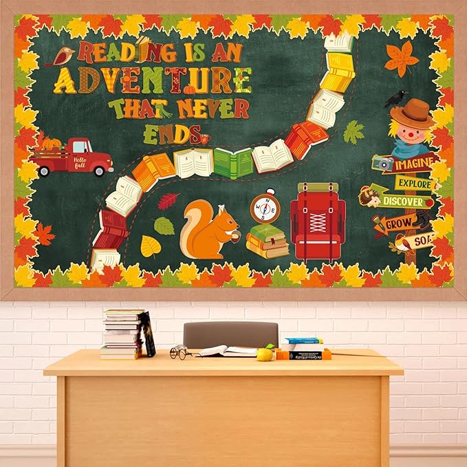 Pasimy 59 Pcs Fall Thanksgiving Reading Bulletin Board Fall Reading is an Adventure Bulletin Board Classroom Decoration Maple Leaves Paper Cutouts for Autumn Thanksgiving Chalkboard Wall Decor(Road)