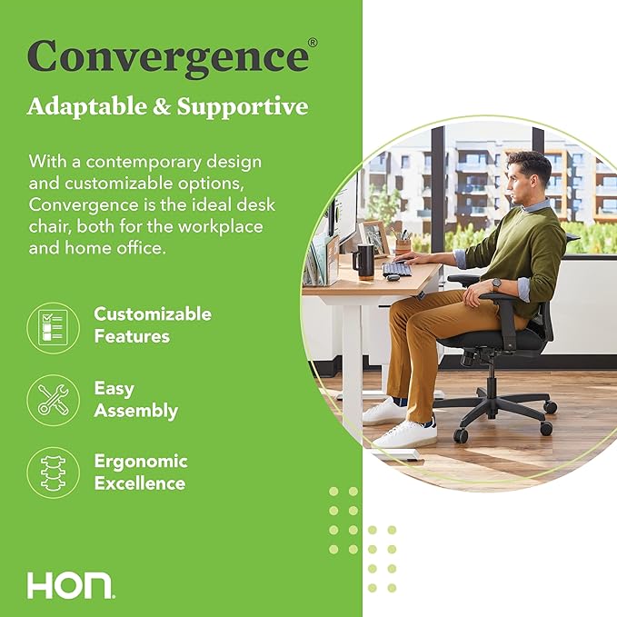 HON Convergence Ergonomic Office Chair, Breathable Back Support Mesh, Adjustable Arms, Computer Chair with Lumbar Support, Rolling Swivel Wheels, Comfortable Synchro-Tilt Recline, Fabric, Apricot