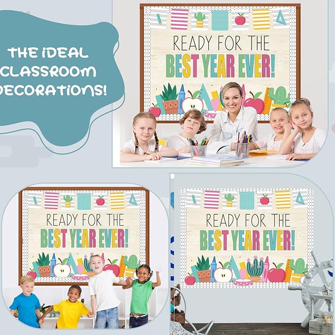 Pajean Ready for The Best Year Ever Bulletin Board Modern Back to School Classroom Decorations Apple Potted Ruler Pencil Paper Cutouts for Door Wall Chalkboard Decor First Day of School Supplies