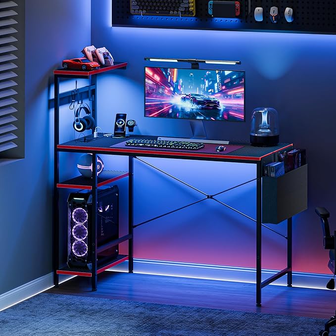SUPER DEAL 44 Inch PC Gaming Desk with Power Outlet & LED Lights, Height Adjustable Shelf, Durable Steel Frame, Small Desk for Teen Boys & Kids Gaming in Bedroom