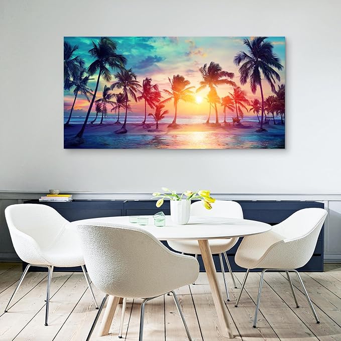 DZL Art S75598 Canvas Wall Art Palm Trees Silhouettes On Tropical Beach At Sunset Beach Seascape Painting Nature Pictures for Living Room Home Office Wall Decor Artwork