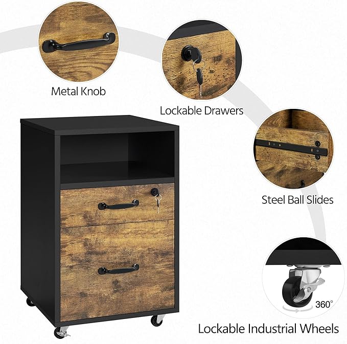 Topeakmart Rolling Vertical Filing Cabinet with 2 Drawer and 1 Open Compartments, File Storage Cabinet with Lock, Printer Stand for Home and Office Black/Rustic Brown