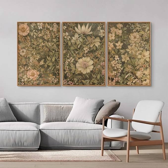 SIGNINART Vintage Floral Framed Canvas Wall Art Set of 3, Mid Century Modern Wildflower Wall Decor, Neutral Botanical Artwork, Retro Plant Art Prints for Bedroom, Living Room, Office 24"x36"