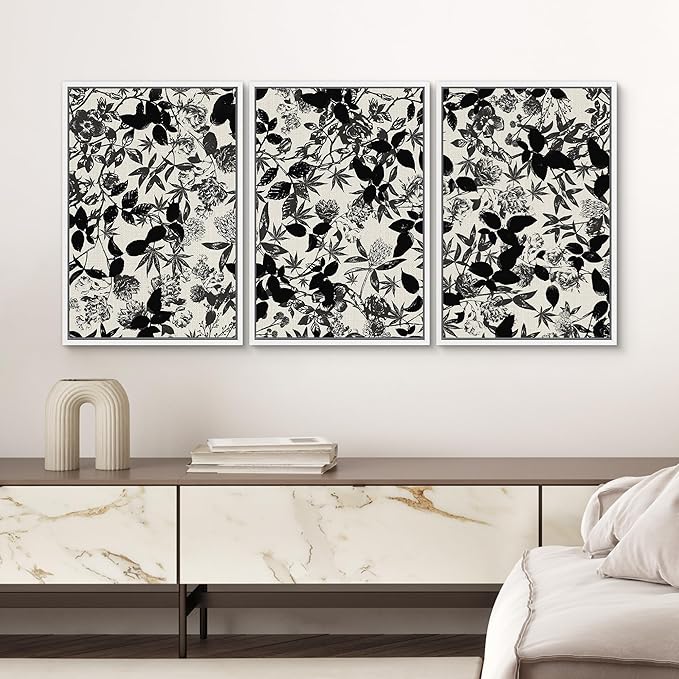 SIGNWIN Framed Canvas Print Wall Art Set Black and White Botanical Collage Monochrome Floral and Leaf Illustrations Modern Art Decorative Abstract for Living Room, Bedroom, Office - 16"x24"x3 White