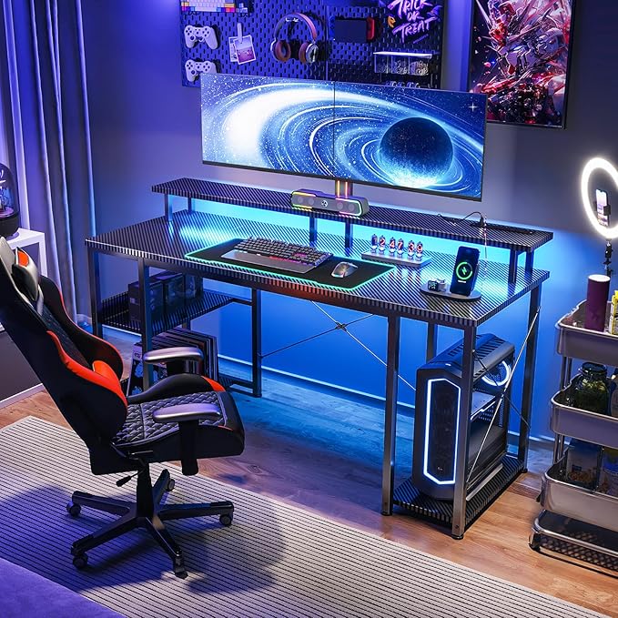 ODK 55 inch Computer Desk with Power Outlets & LED Lights, Gaming Desk with Monitor Stand & Storage Sheves, Home Office Desk, Carbon Fiber Black