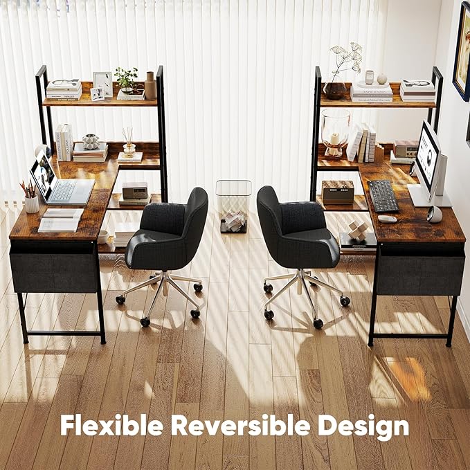 DUMOS L Shaped Desk Corner Computer Table 47 Inch, L-Shaped Gaming Desks with Storage Shelf Reversible, Wood Tables with Side Bag Adjustable Feet for 2 Monitors Small Space Home Office Bedroom, Brown