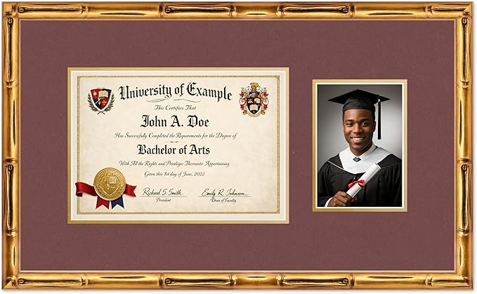 CountryArtHouse Fits 11.69 x 8.27 A4 Certificate and 5 x 7 Photo Diploma and Photo Frame Gold Bamboo Genuine Hardwood with Dark Red Over Metallic Gold Double mat