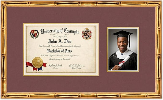 CountryArtHouse Fits 11.69 x 8.27 A4 Certificate and 5 x 7 Photo Diploma and Photo Frame Gold Bamboo Genuine Hardwood with Dark Red Over Metallic Gold Double mat