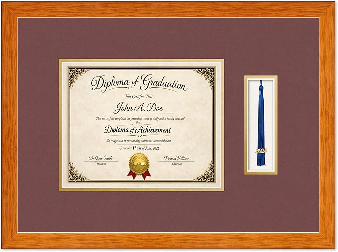 Diploma Frame with Tassel Holder Honey Oak Shadowbox Dark Red Over Gold Mat - Fits 10 x 8 Degree Made in the USA