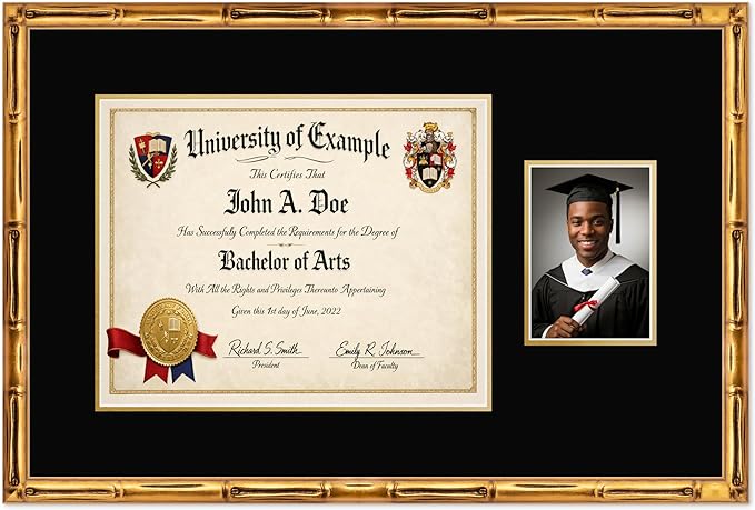 CountryArtHouse Fits 15 x 12 Military/Government and 5 x 7 Photo Diploma and Photo Frame Gold Bamboo Genuine Hardwood with Black Over Metallic Gold Double mat