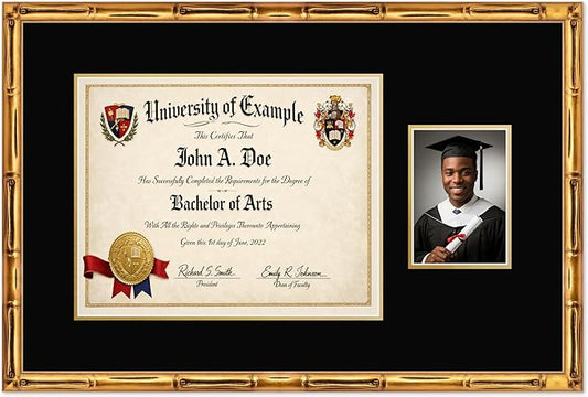 CountryArtHouse Fits 15 x 12 Military/Government and 5 x 7 Photo Diploma and Photo Frame Gold Bamboo Genuine Hardwood with Black Over Metallic Gold Double mat