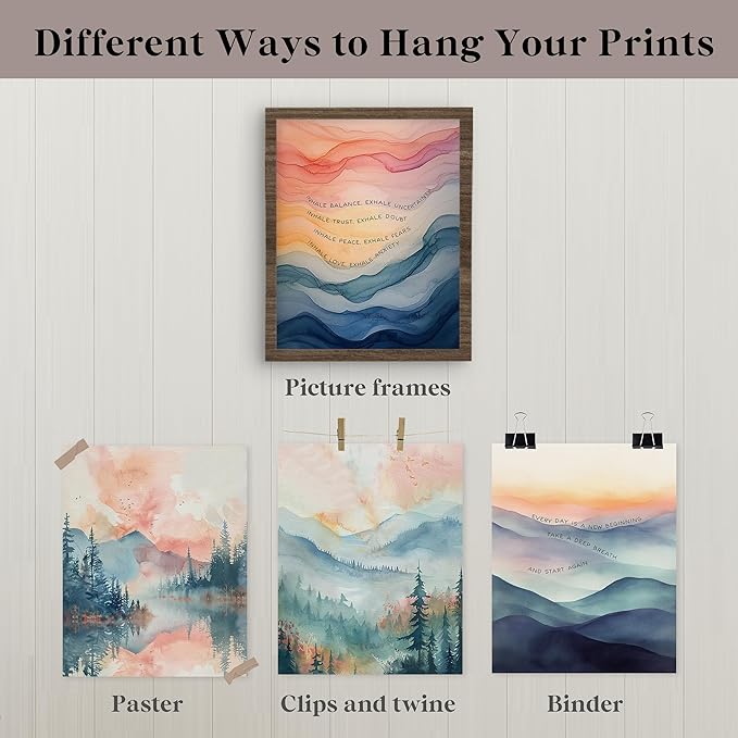 QLMX Inhale Exhale Mental Health Wall Art Prints Set of 4, Watercolor Abstract Prints for Wall Decor, Therapy Office Decor, Calming Breathe Poster for Therapy Counselling Room 8”x10” Unframed