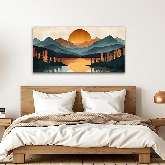 Suconvng Mountain Boho Wall Art For Living Room Prints Canvas Art Wall Decor For Office Home Wall Decorations Picture For Bedroom Forest River Landscape Prints Paintings Pictures Artwork 24 X 48 In