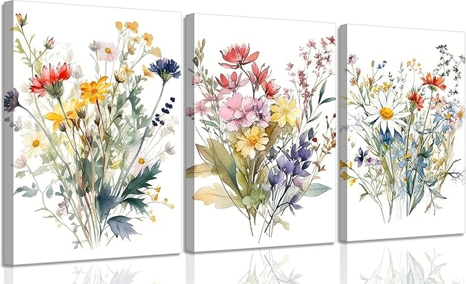 Colorful Wildflower Canvas Wall Art Watercolors Botanical Flower Painting Picture Wall Decor Modern Painting Floral Poster Print Artwork for Bedroom Living Room Gallery Home Decoration Framed