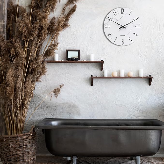 Wall Clock White Marble Theme Modern Decorative Waterproof Glass Clock for Bathroom Kitchen Home, 12 Inch Battery Operated