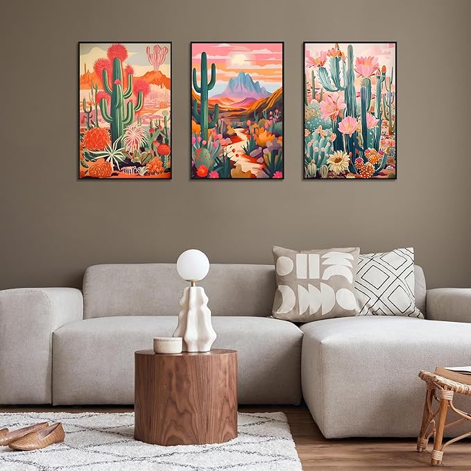 Boho Cactus Wall Art Vintage Pink Orange Plant Floral Wall decoration pictures Colorful Southwestern Rustic Painting Desert Landscape Poster Prints for Living Room Bathroom Bedroom(12x16in UNFRAMED)