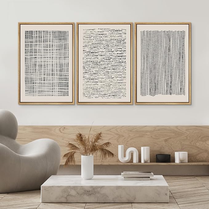 SIGNWIN Framed Canvas Print Wall Art Set Geometric Dark Black Grid Wave Pattern Abstract Shapes Cozy Neutral Modern Art Decorative Contemporary for Living Room, Bedroom, Office - 24"x36"x3 Natural