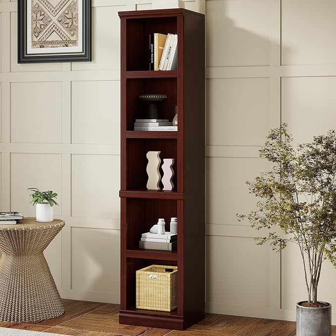 70" Tall Bookcase, Mahogany Narrow Floor Standing Bookshelf, 5 Tier Shelves Open Storage Organizer, Book Case for Living Room Hallway Kitchen Home Office Bathroom, Mahogany - 5 Tier