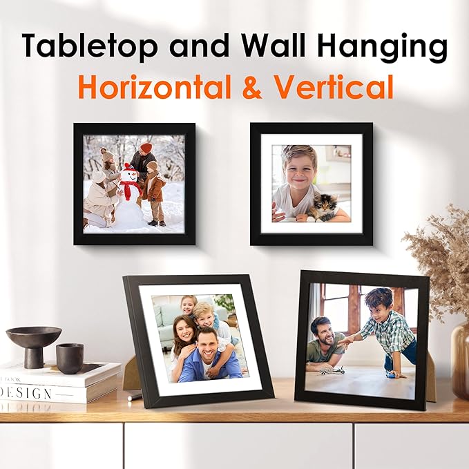 FIXSMITH 8x8 Picture Frames Set of 2, Photo Frame with HD Plexiglass, Display Pictures 4x4 with Mat or 8x8 Without Mat Multi Picture Frames Collage for Tabletop or Wall Display, Black