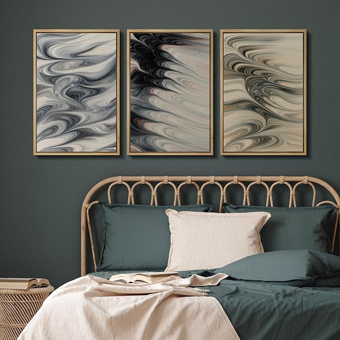 SIGNFORD Framed Wall Art Print Set Neutral Marble Swirl Abstract Elegant Fluid Pattern Digital Art Modern Art Contemporary for Living Room, Bedroom, Office - 16"x24"x3 NATURAL
