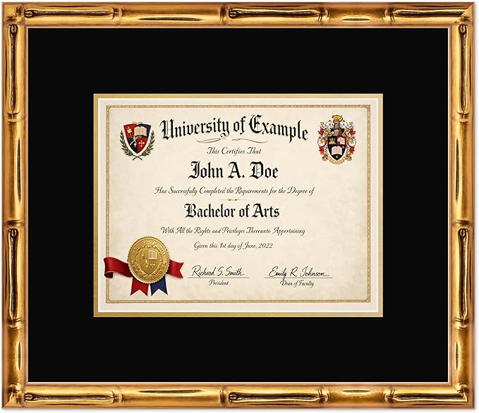 CountryArtHouse Diploma Frame Fits 11 x 8.5 US Letter Certificate - Keepsake Graduation Display Gold Bamboo Genuine Hardwood with Black Over Metallic Gold Double mat
