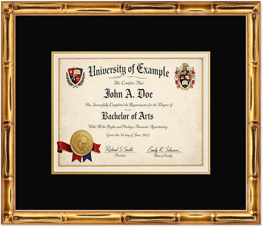 CountryArtHouse Diploma Frame Fits 11 x 8.5 US Letter Certificate - Keepsake Graduation Display Gold Bamboo Genuine Hardwood with Black Over Metallic Gold Double mat