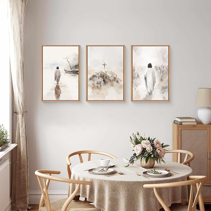 Jesus Christ Easter Framed Canvas Wall Art Set,Religious Christian Bible Verses Crucified Resurrection Wall Decor,Netural Beige Watercolor Artwork for Living Room,Church,Prayer Room - 24"x36"x3