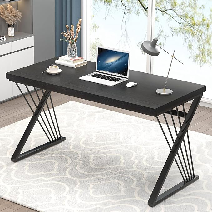 FOLUBAN Black Desk, Modern Wood and Metal Computer Desk for Home Office, Simple Writing Work PC Desks for Bedroom, Industrial Study Gaming Table for Living Room, Black, 53 Inch