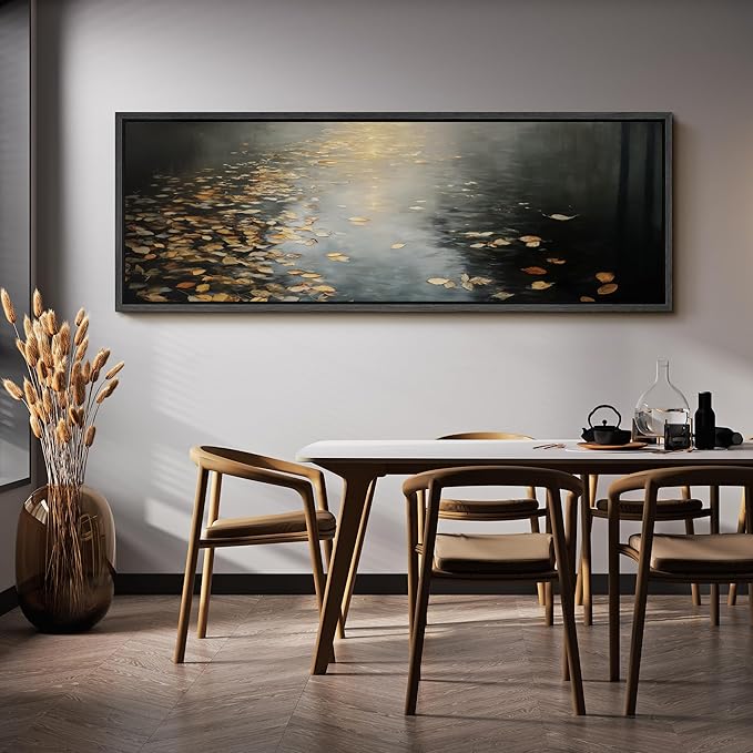 SIGNFORD Large Framed Canvas Print Wall Art Moody Water Reflection with Floating Leaves Illustrations Modern Art Calm Warm for Living Room, Bedroom, Office - 60"x20"