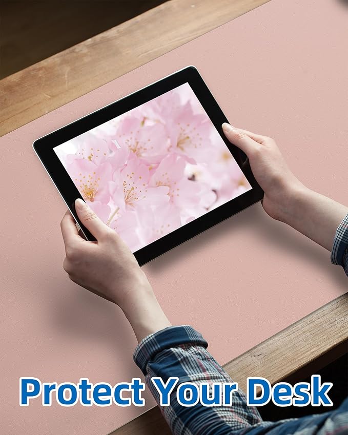 Makeup Mat for Vanity, PU Leather Desk Pad Blotter,Waterproof & Oilproof Desk Protector, Easy Clean Beauty Station Mat for Dresser Top, 35x17 Inches, Pink