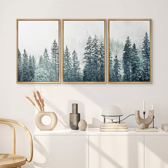 SIGNWIN Framed Canvas Print Wall Art Woodland Nursery Decor Set Film Grain Misty Mountain Pine Trees Nature Wilderness Modern Art Chic Landscape for Living Room, Bedroom, Office - 24"x36"x3 Natural