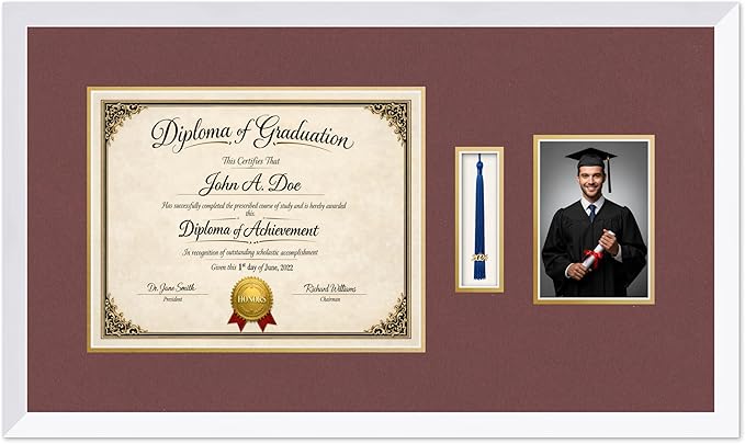 Diploma Tassel and Photo Frame Bright White Shadowbox Dark Red Over Gold Mat - Fits 14 x 11 Degree Picture Made in the USA