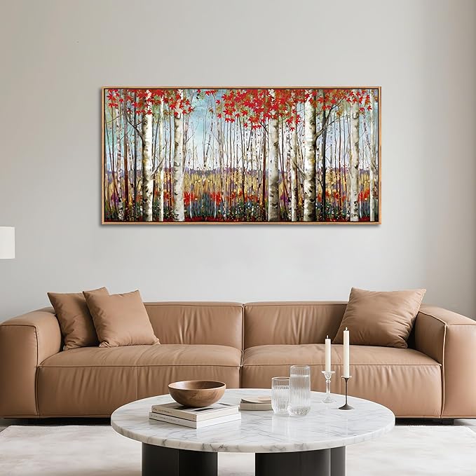 Large Canvas Wall Art - Framed Aspen Tree Oil Painting Style, Birch Tree Pictures for Living Room Wall Decor & Bedroom, 24x48 Modern Nature Artwork for Walls