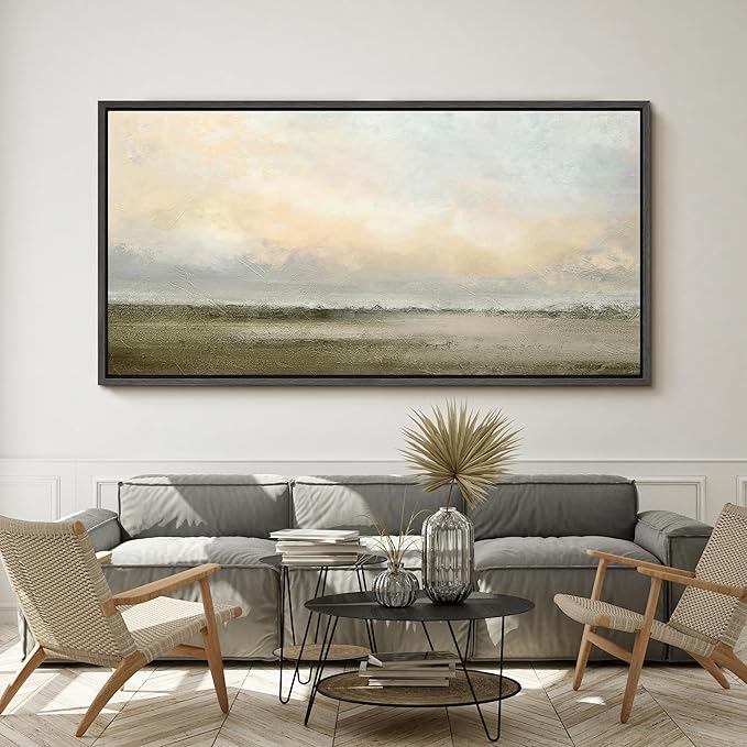 SIGNFORD Extra Large Framed Canvas Soft Sunrise Over Misty Fields Illustrations Modern Art Calm Warm for Living Room, Bedroom, Office - 60"x30"