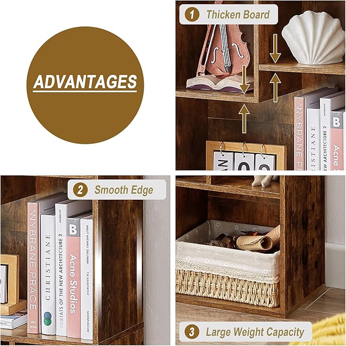 VECELO 4-Tier Modern Bookcase, 42 Inch High Storage Cabinet with Height Difference Shelves for Standard Textbooks, Floor Standing Display, 7 Cubes, Horizontal Avaiable, Easy Assembly, Rustic Brown