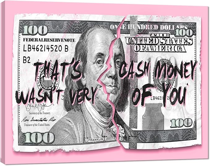 100 Dollars Bill Wall Art, Pink Money Canvas Print Office Wall Decor Modern Painting Entrepreneur Benjamin Franklin Inspirational Artwork for Living Room Bedroom Home, Ready to Hang 12" W X 16"H
