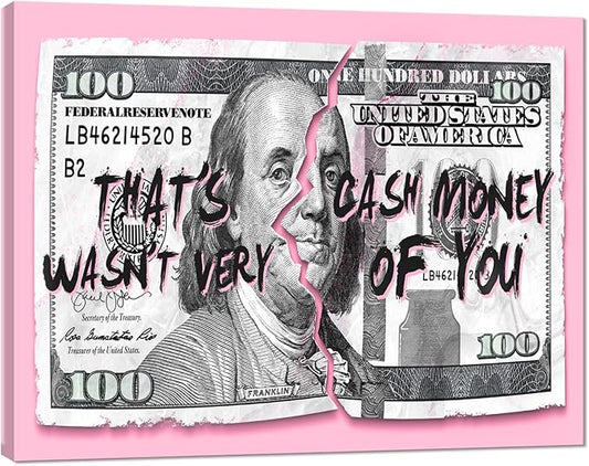 100 Dollars Bill Wall Art, Pink Money Canvas Print Office Wall Decor Modern Painting Entrepreneur Benjamin Franklin Inspirational Artwork for Living Room Bedroom Home, Ready to Hang 12" W X 16"H