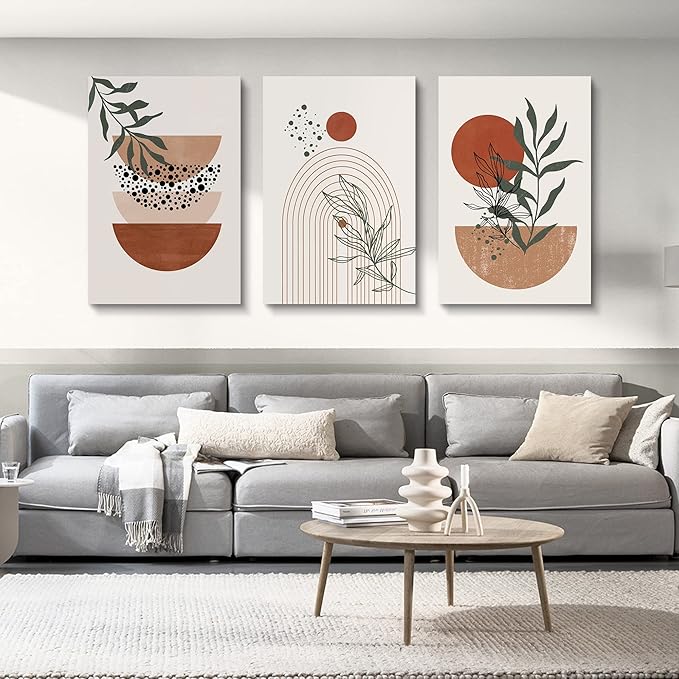 Boho Wall Art Prints，Boho Wall Decor, Mid Century Modern Wall Art，Set of 3 Prints, Abstract Geometric Prints Black Beige Terracotta Minimalist Art, Natural Framed Canvas Prints Artwork For Living Room