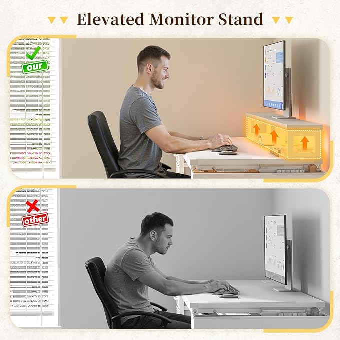 48" Computer Desk with LED Strip, Gaming Desk with Drawers & Storage Bag, Office Desk with Power Outlets & Monitor Stand, Home Office Desks for Bedroom, Gaming Room, White