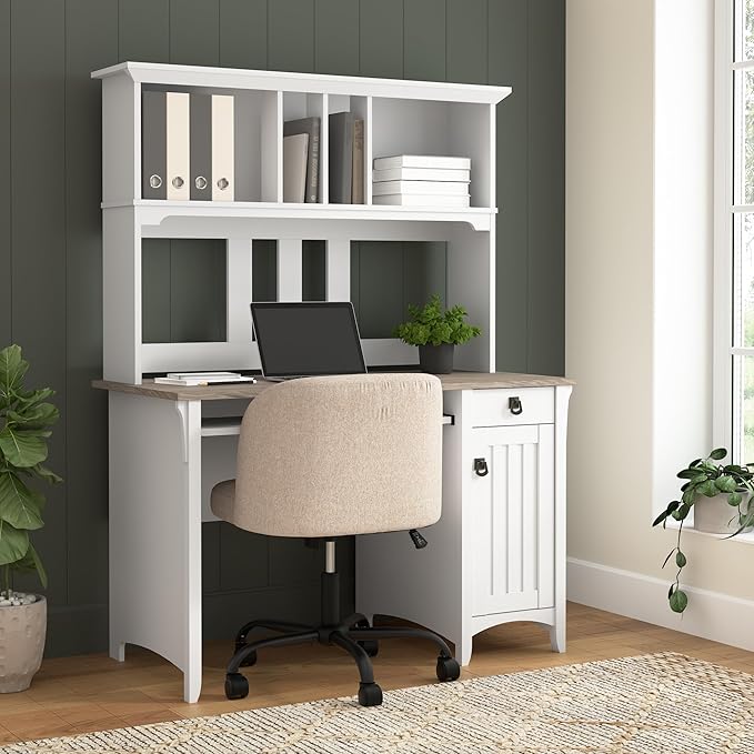 Bush Home Salinas Computer Desk with Hutch | Study Table with Drawers, Cabinets & Pullout Keyboard/Laptop Tray | Modern Home Office Desk in Pure White and Shiplap Gray | Work Desk with Storage